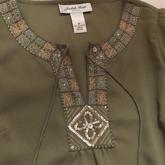 JUDITH HART Fit & Flare midi Skirt & Top Sequins Olive Coral Layered Bohemian - Picture 6 of 13